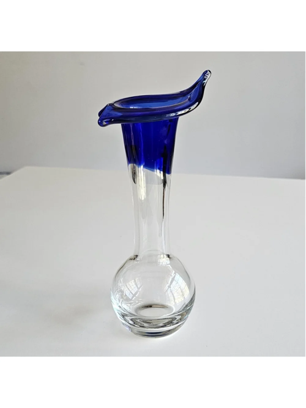 Vintage Murano Style Cobalt Blue & Clear Art Glass Jack-in-the-Pulpit Vase